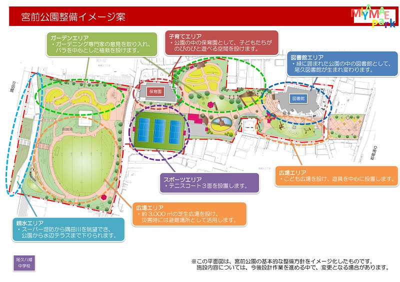 令和4年(2022年)4月に全面開園予定である東京都荒川区の宮前公園の一部、子供向けの遊具がある広場エリアがオープン