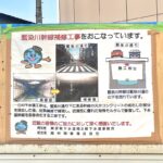 町屋駅近くの工事現場に暗渠となった藍染川の現在の様子がわかる写真が掲示されている！